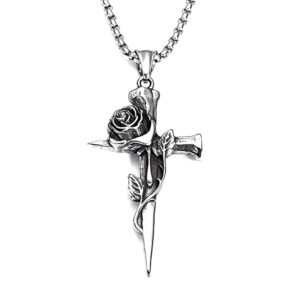 m men style vintage cross pendant necklace for men women rose flower necklace stainless steel gothic punk jewelry spnl202418